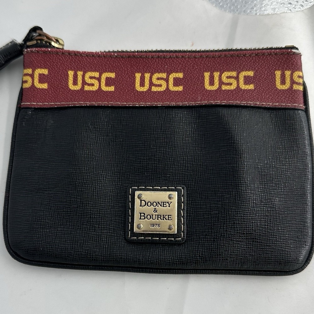 Dooney and Bourke USC Leather Small Coin Case Black Brown Leather Trim